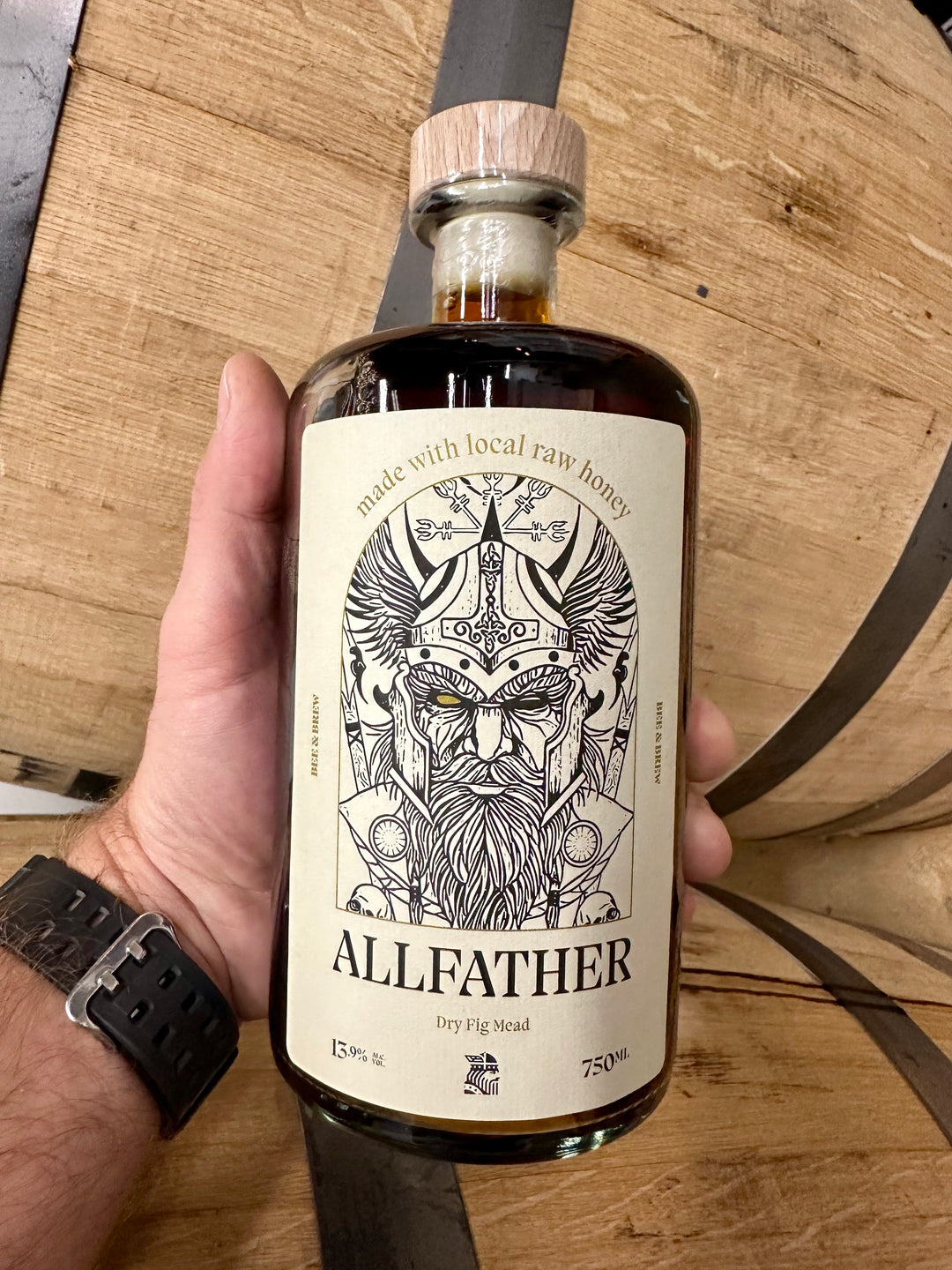 Allfather dry fig mead made with Texas wildflower honey and figs