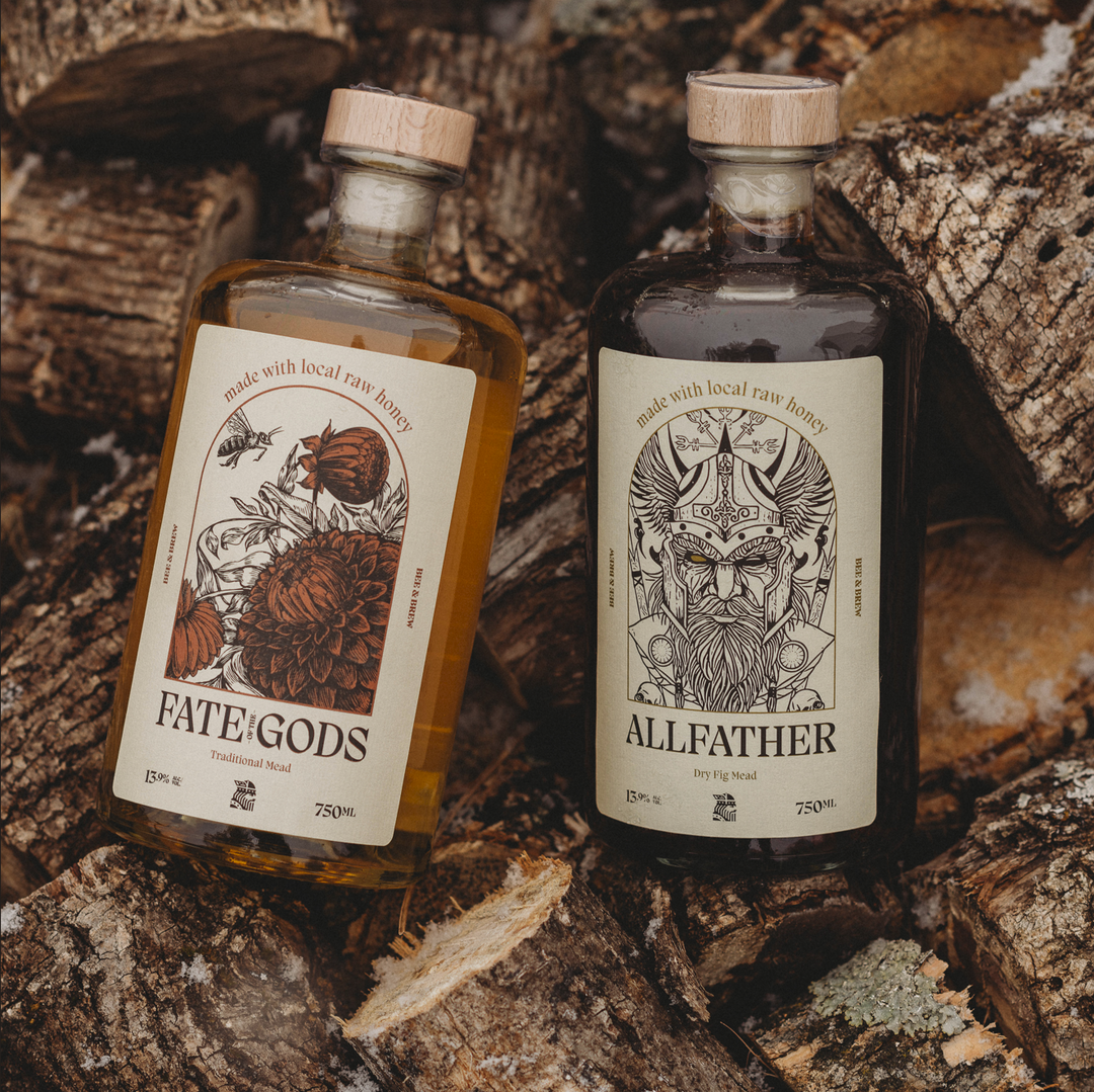 Allfather dry fig mead and Fate of the Gods traditional mead