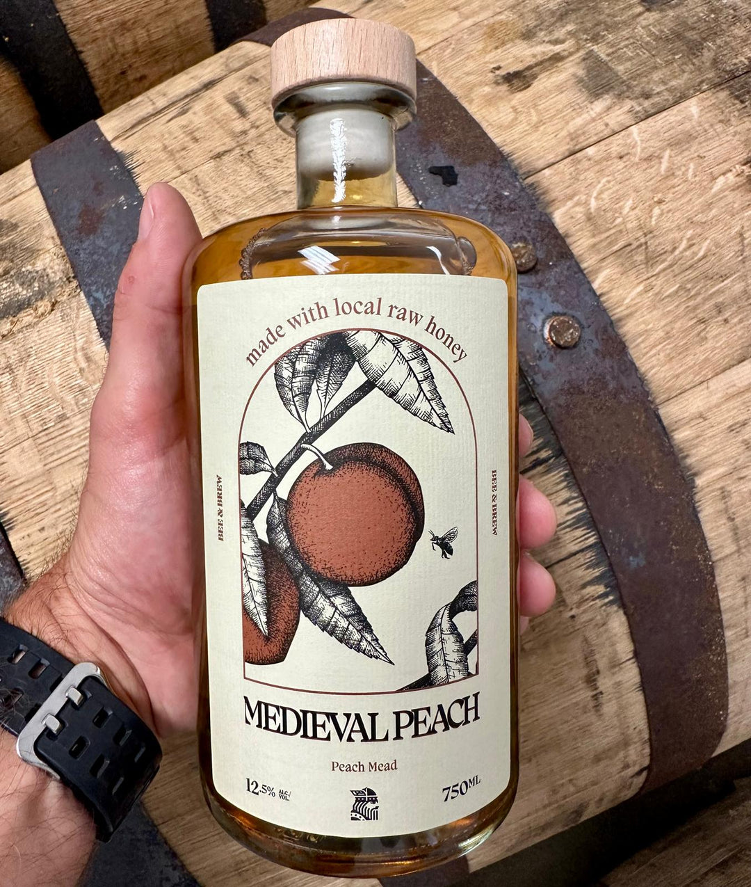 Medieval Peach semi-sweet mead made with Texas wildflower honey and peaches